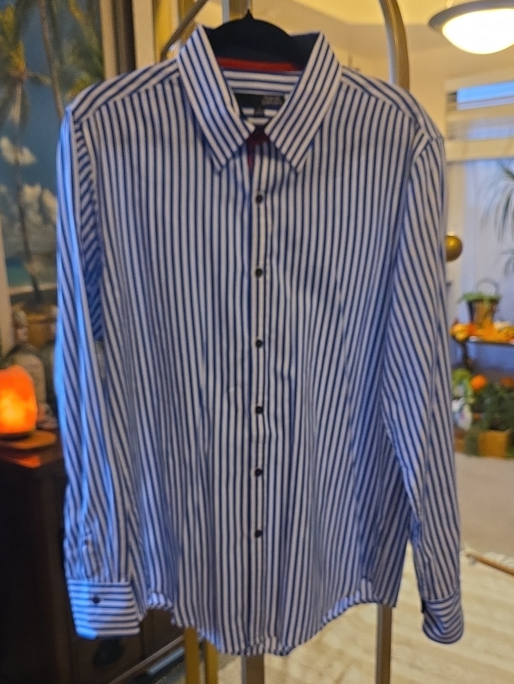 Harve Benard Blue and White With Red Accents Vertical Stripe Dress Shirt Large